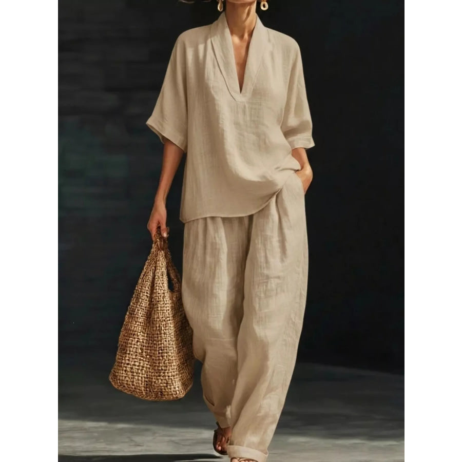 Full Size Half Sleeve Top and Wide Leg Pants Set Plus Apricot / S Apparel Accessories