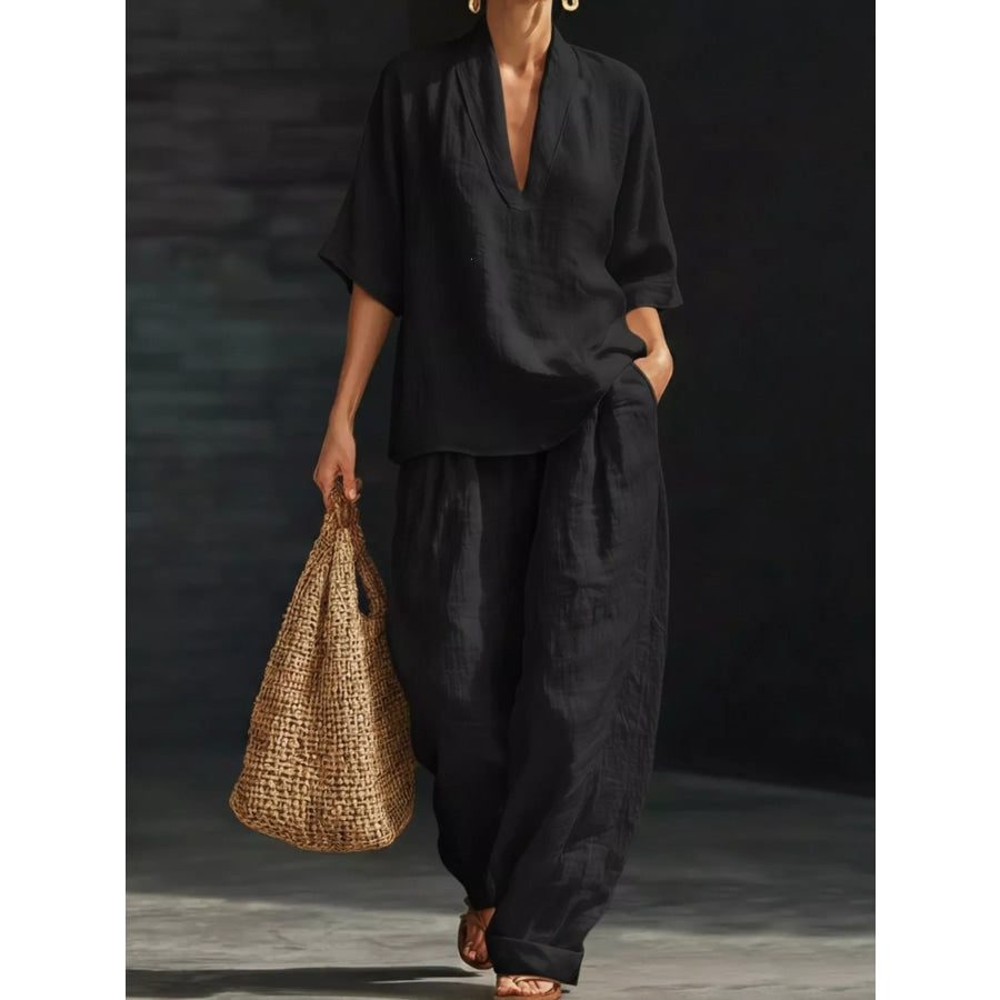 Full Size Half Sleeve Top and Wide Leg Pants Set Plus Black / S Apparel Accessories