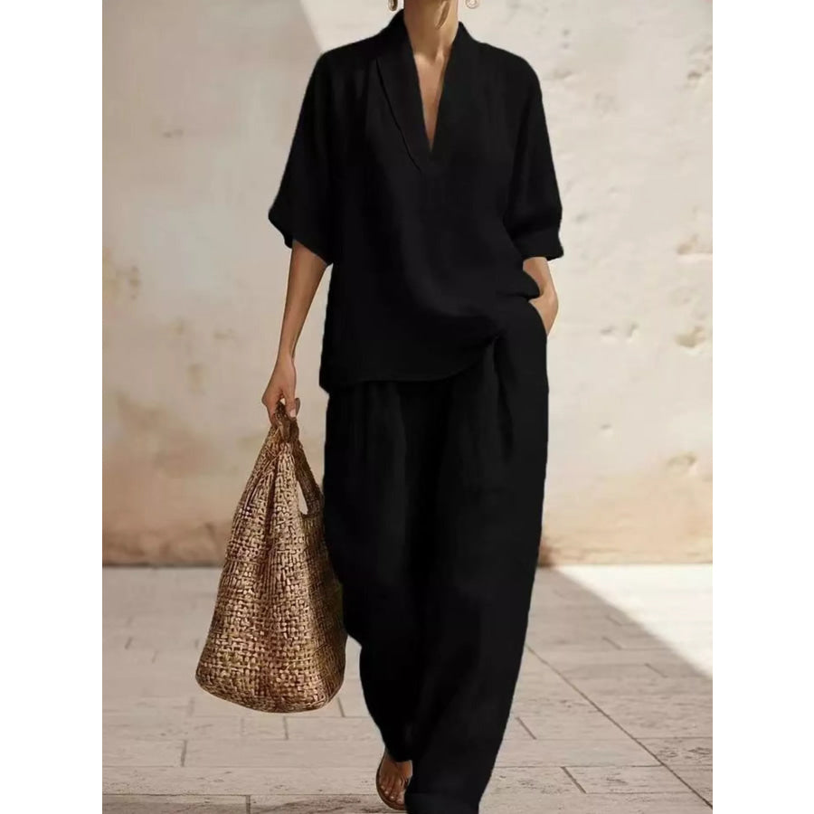 Full Size Half Sleeve Top and Wide Leg Pants Set Plus Size Black / XS Apparel and Accessories