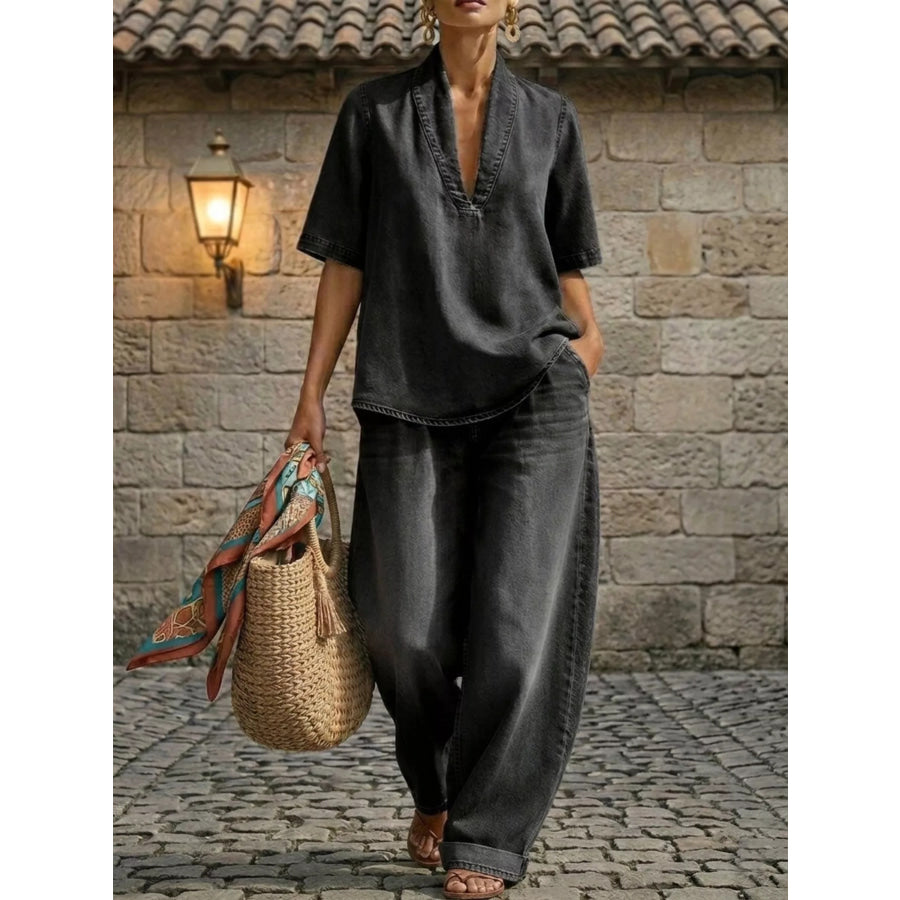 Full Size Half Sleeve Top and Wide Leg Pants Set Plus Size Black / XS Apparel and Accessories