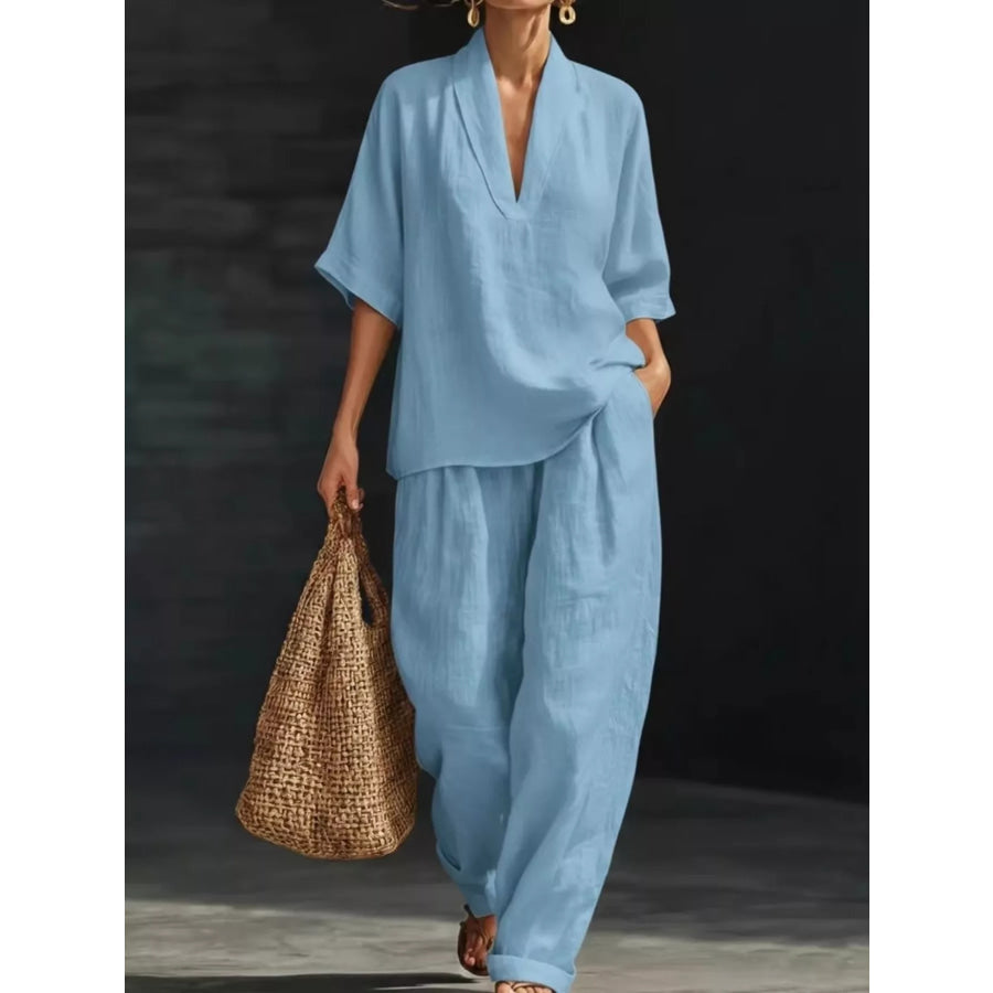 Full Size Half Sleeve Top and Wide Leg Pants Set Plus Blue / S Apparel Accessories