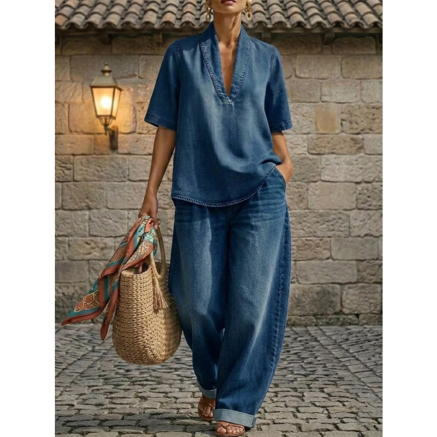 Full Size Half Sleeve Top and Wide Leg Pants Set Plus Size Blue / XS Apparel and Accessories