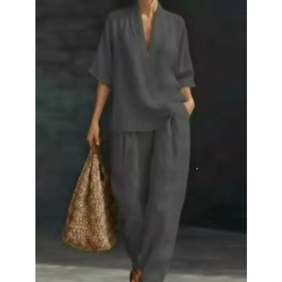 Full Size Half Sleeve Top and Wide Leg Pants Set Plus Dark Gray / S Apparel Accessories