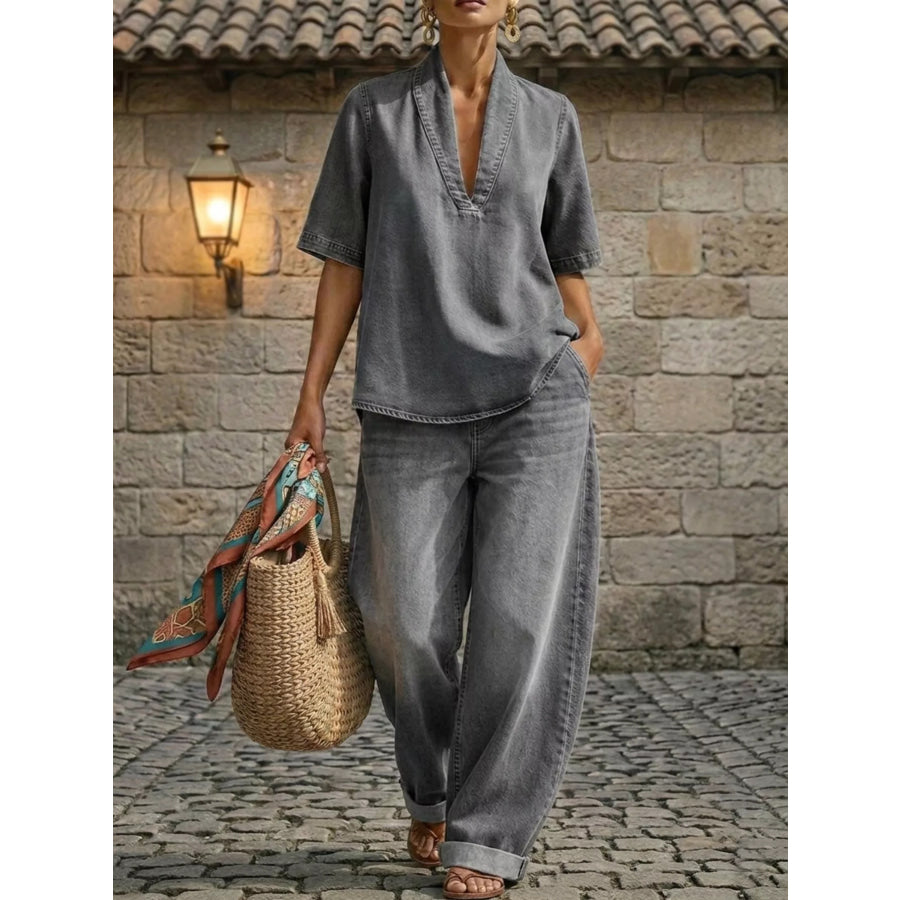 Full Size Half Sleeve Top and Wide Leg Pants Set Plus Size Gray / XS Apparel and Accessories