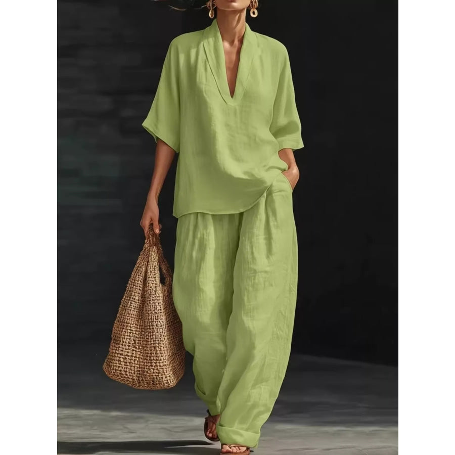 Full Size Half Sleeve Top and Wide Leg Pants Set Plus Green / S Apparel Accessories