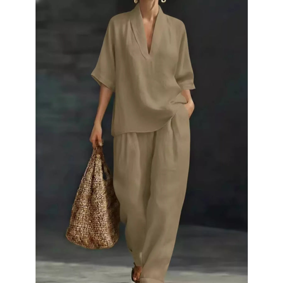 Full Size Half Sleeve Top and Wide Leg Pants Set Plus Size Khaki / XS Apparel and Accessories