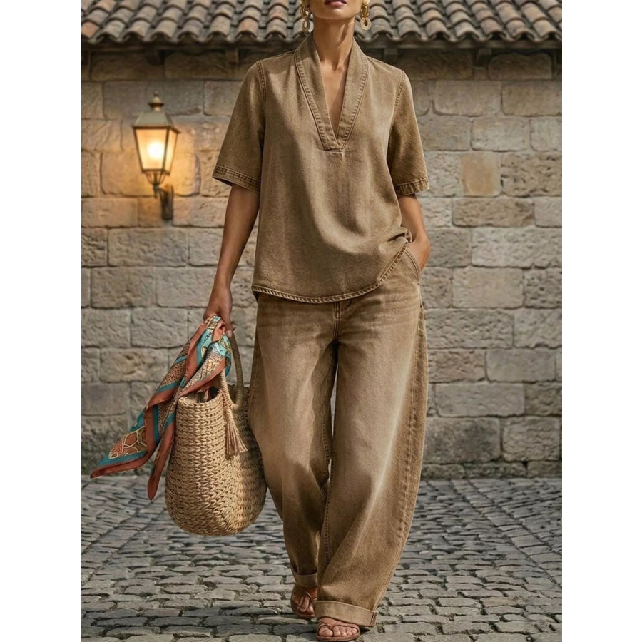 Full Size Half Sleeve Top and Wide Leg Pants Set Plus Size Khaki / XS Apparel and Accessories
