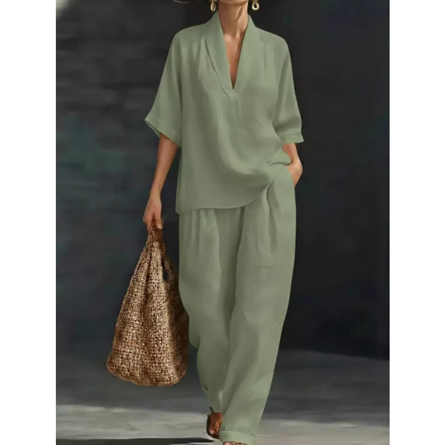Full Size Half Sleeve Top and Wide Leg Pants Set Plus Size Light Green / XS Apparel and Accessories