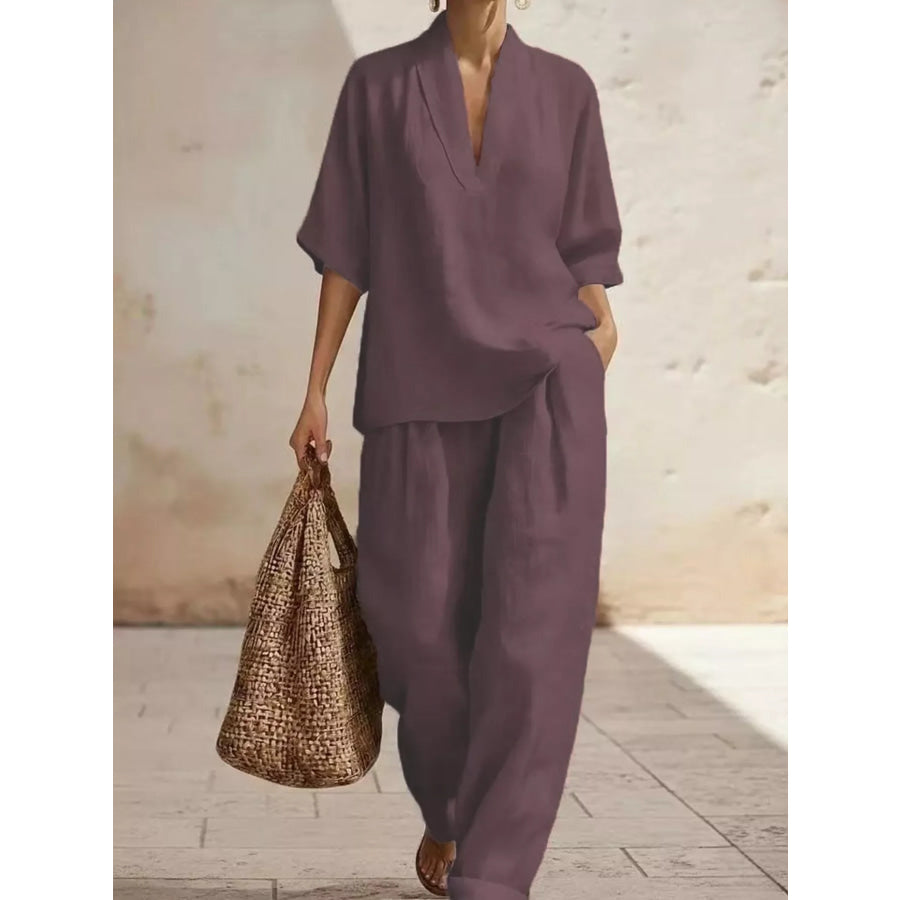 Full Size Half Sleeve Top and Wide Leg Pants Set Plus Size Mauve / XS Apparel and Accessories