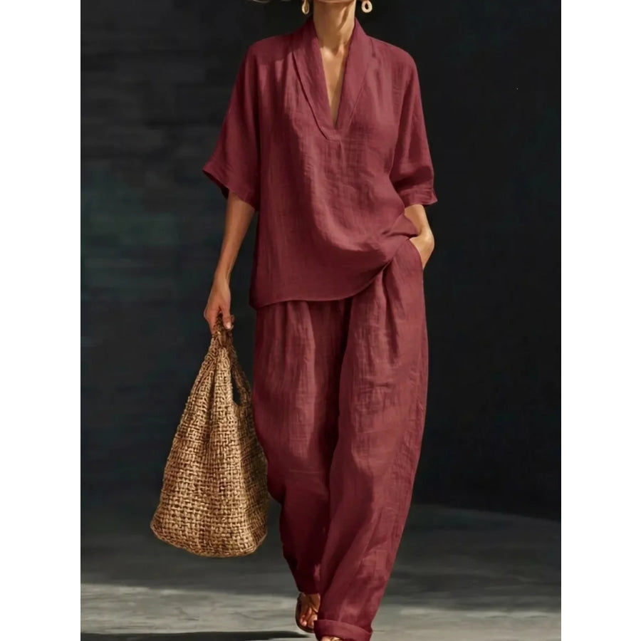 Full Size Half Sleeve Top and Wide Leg Pants Set Plus Red / S Apparel Accessories