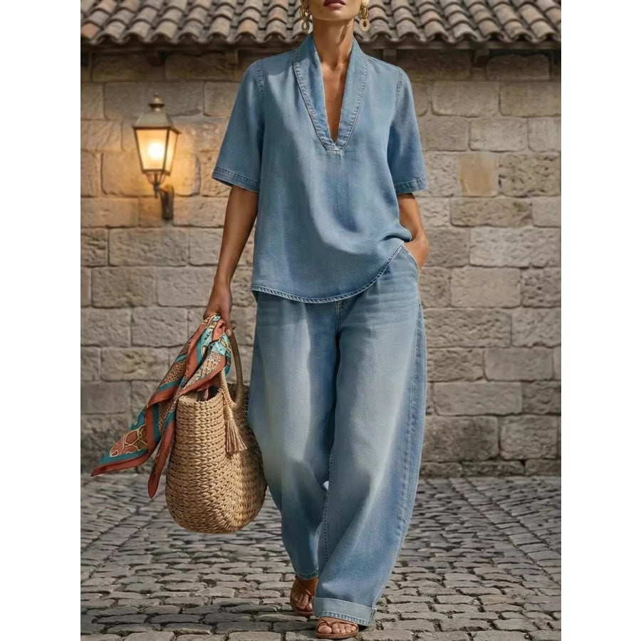 Full Size Half Sleeve Top and Wide Leg Pants Set Plus Size Sky Blue / XS Apparel and Accessories