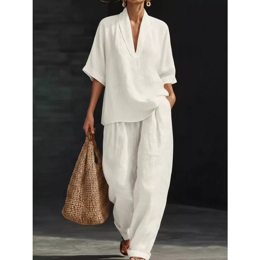 Full Size Half Sleeve Top and Wide Leg Pants Set Plus White / S Apparel Accessories