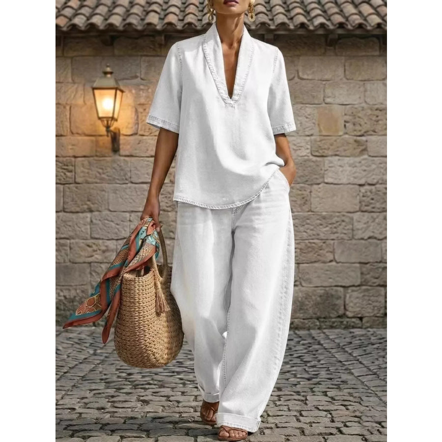 Full Size Half Sleeve Top and Wide Leg Pants Set Plus Size White / XS Apparel and Accessories