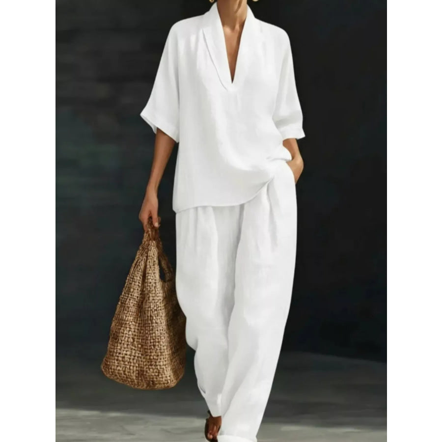 Full Size Half Sleeve Top and Wide Leg Pants Set Plus Size White / XS Apparel and Accessories