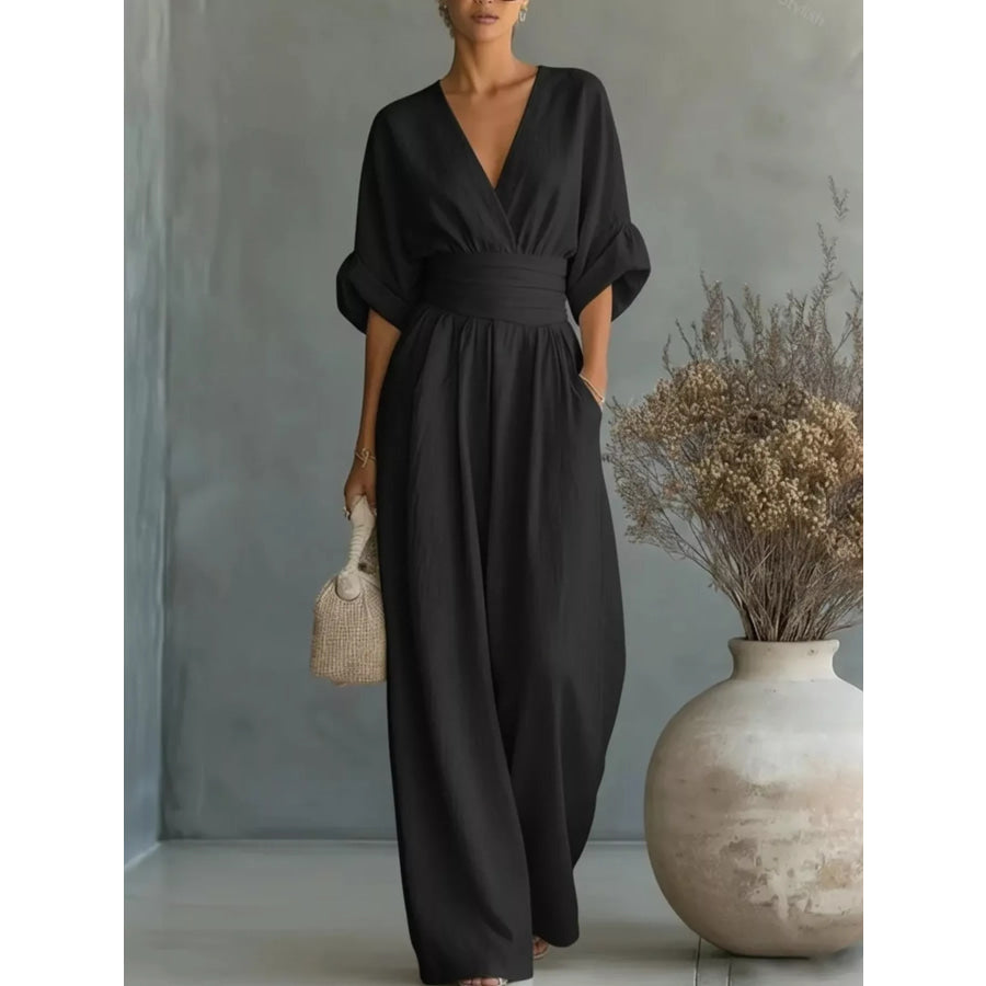 Full Size Half Sleeve Wide Leg Jumpsuit Plus Size Black / S Apparel and Accessories