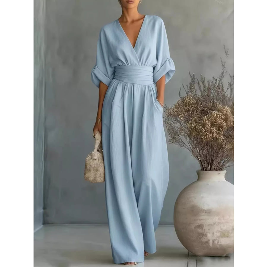 Full Size Half Sleeve Wide Leg Jumpsuit Plus Size Light Blue / S Apparel and Accessories