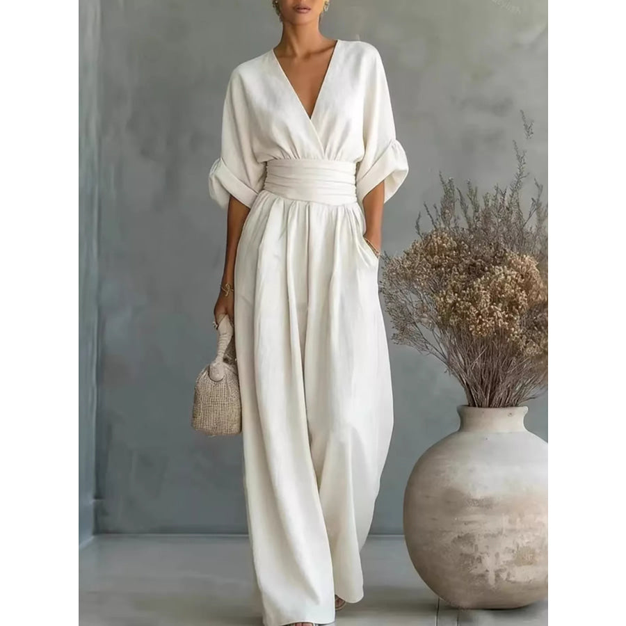 Full Size Half Sleeve Wide Leg Jumpsuit Plus Size White / S Apparel and Accessories