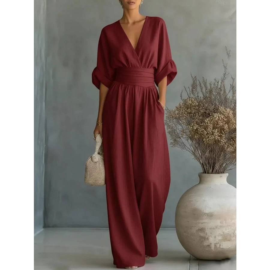 Full Size Half Sleeve Wide Leg Jumpsuit Plus Size Wine Red / S Apparel and Accessories