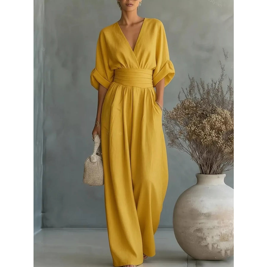 Full Size Half Sleeve Wide Leg Jumpsuit Plus Size Yellow / S Apparel and Accessories