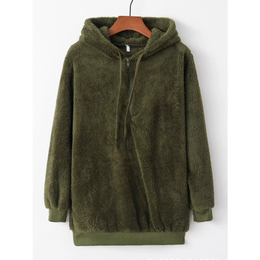 Full Size Half Zip Drawstring Fleece Hoodie Plus Size Army Green / S Apparel and Accessories