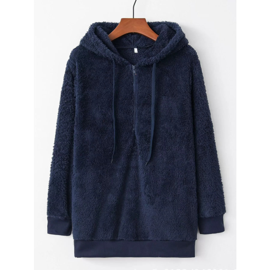 Full Size Half Zip Drawstring Fleece Hoodie Plus Size Blue / S Apparel and Accessories