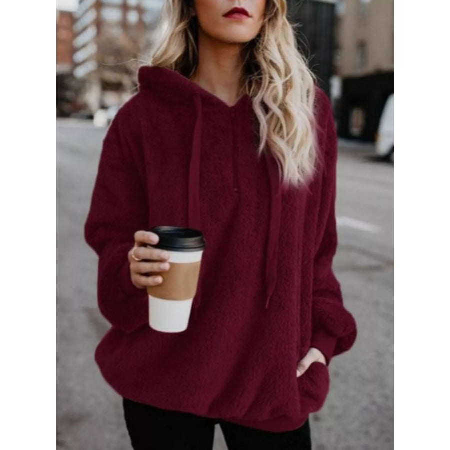 Full Size Half Zip Drawstring Fleece Hoodie Plus Size Burgundy / S Apparel and Accessories