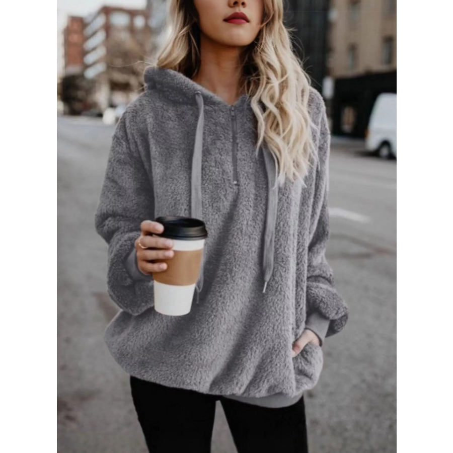 Full Size Half Zip Drawstring Fleece Hoodie Plus Size Gray / S Apparel and Accessories