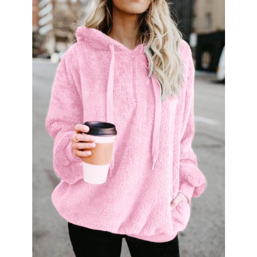 Full Size Half Zip Drawstring Fleece Hoodie Plus Size Pink / S Apparel and Accessories