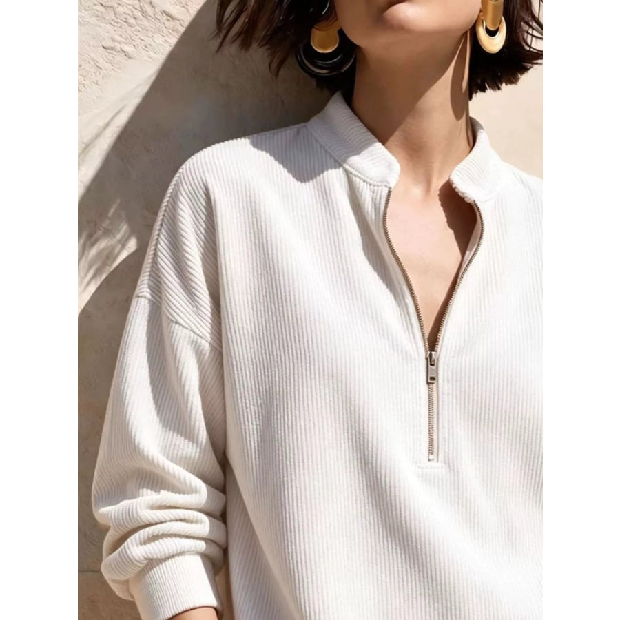 Full Size Half Zip Dropped Shoulder Corduroy Top Plus Apparel and Accessories