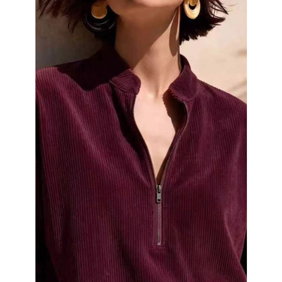 Full Size Half Zip Dropped Shoulder Corduroy Top Plus Apparel and Accessories