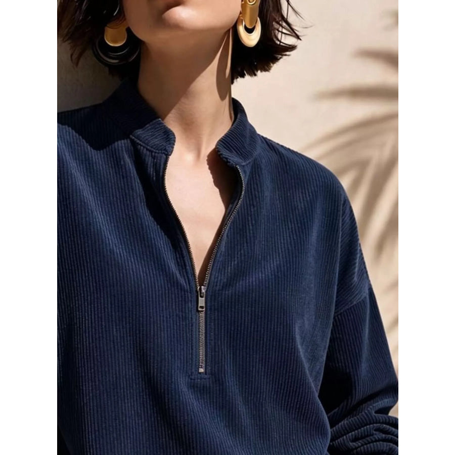 Full Size Half Zip Dropped Shoulder Corduroy Top Plus Apparel and Accessories