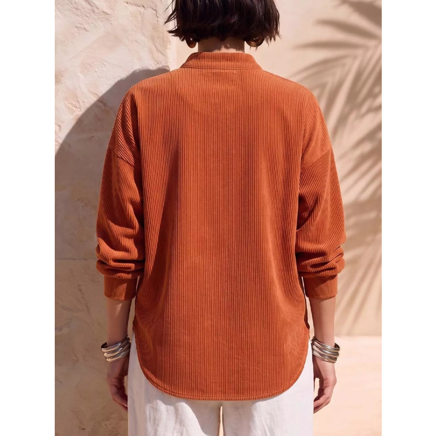 Full Size Half Zip Dropped Shoulder Corduroy Top Plus Orange / S Apparel and Accessories