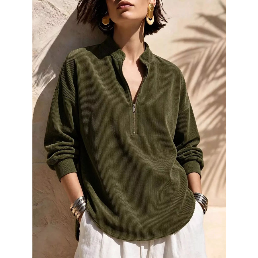 Full Size Half Zip Dropped Shoulder Corduroy Top Plus Army Green / S Apparel and Accessories