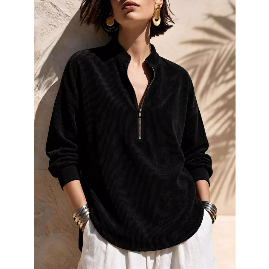Full Size Half Zip Dropped Shoulder Corduroy Top Plus Black / S Apparel and Accessories