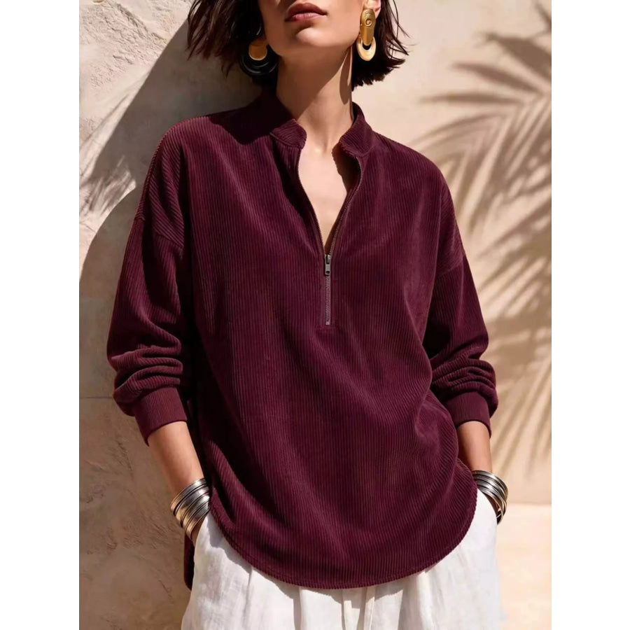Full Size Half Zip Dropped Shoulder Corduroy Top Plus Burgundy / S Apparel and Accessories