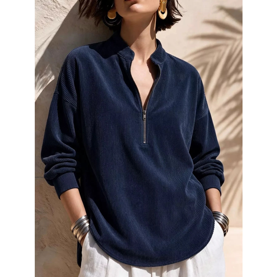 Full Size Half Zip Dropped Shoulder Corduroy Top Plus Navy / S Apparel and Accessories
