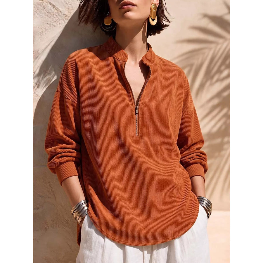 Full Size Half Zip Dropped Shoulder Corduroy Top Plus Orange / S Apparel and Accessories