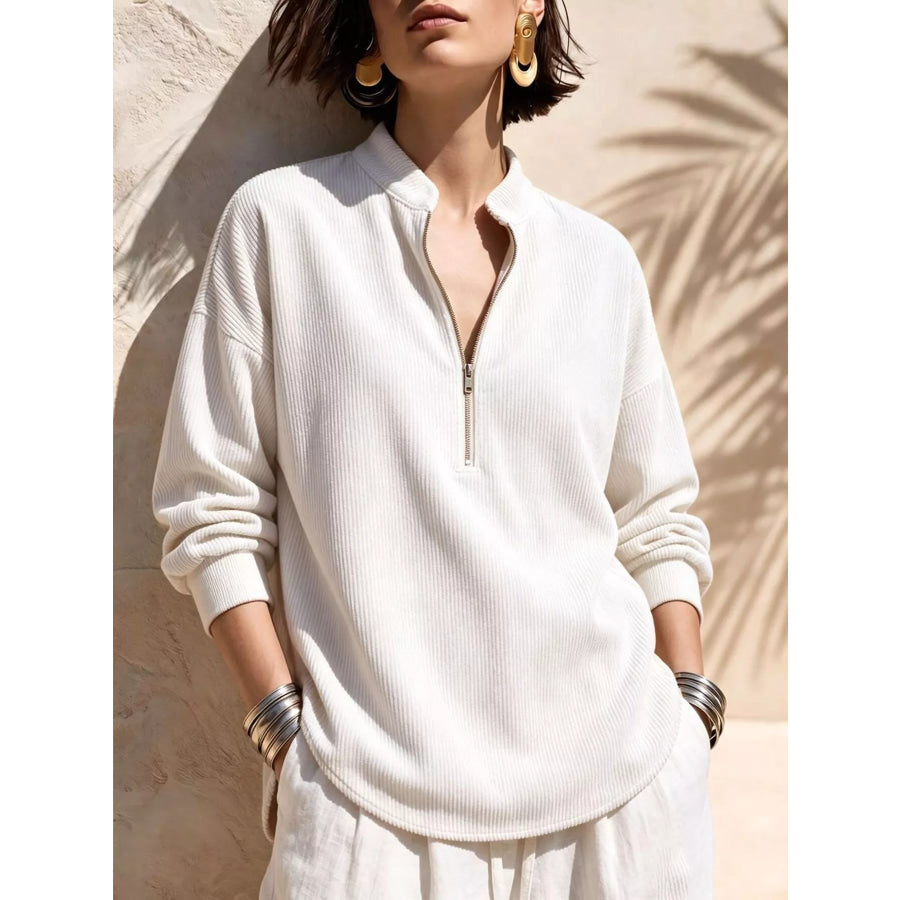 Full Size Half Zip Dropped Shoulder Corduroy Top Plus White / S Apparel and Accessories