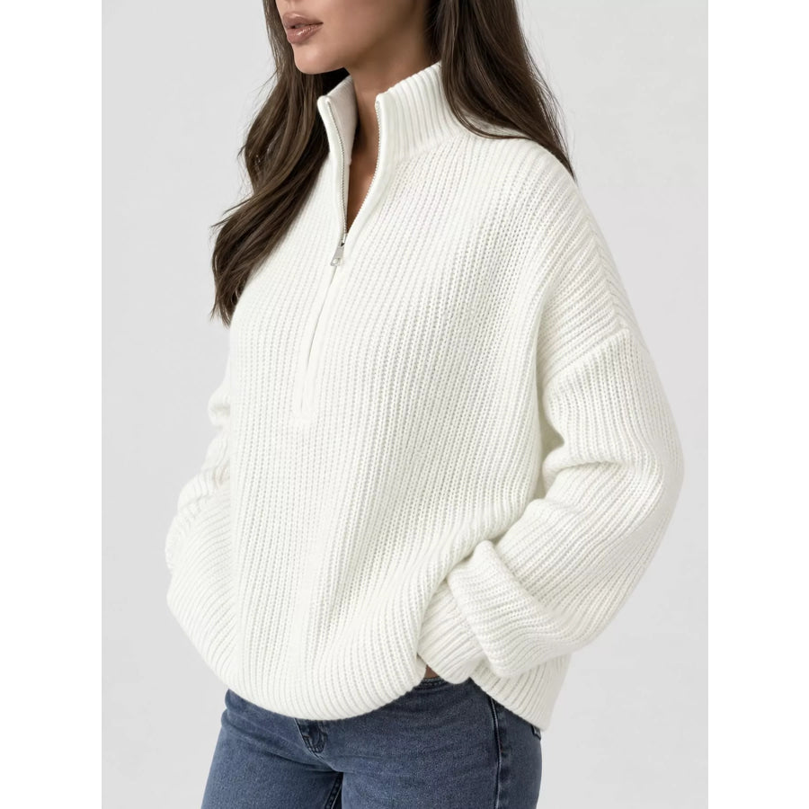 Full Size Half Zip Dropped Shoulder Sweater Plus Apparel and Accessories