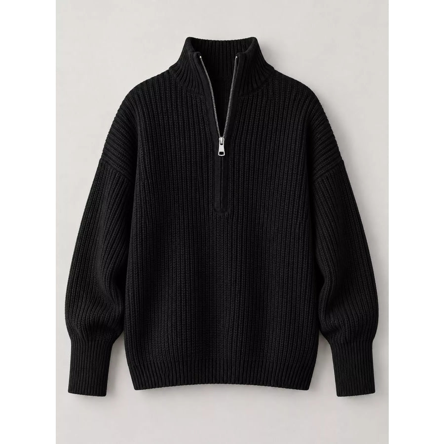 Full Size Half Zip Dropped Shoulder Sweater Plus Apparel and Accessories
