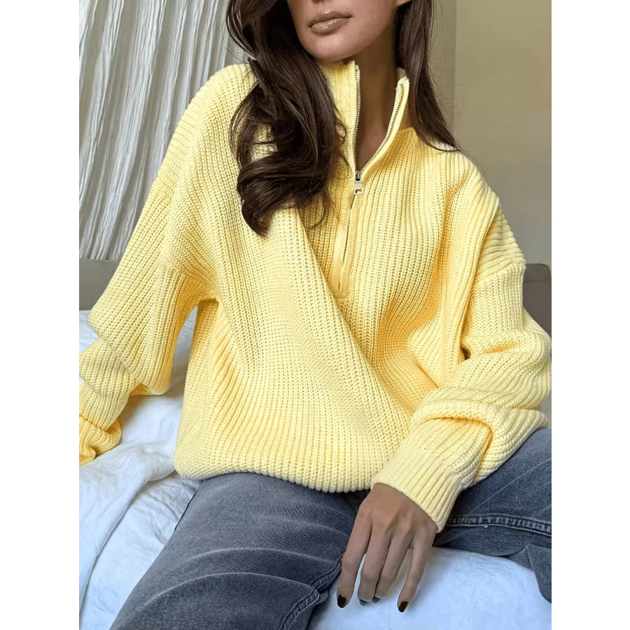Full Size Half Zip Dropped Shoulder Sweater Plus Apparel and Accessories