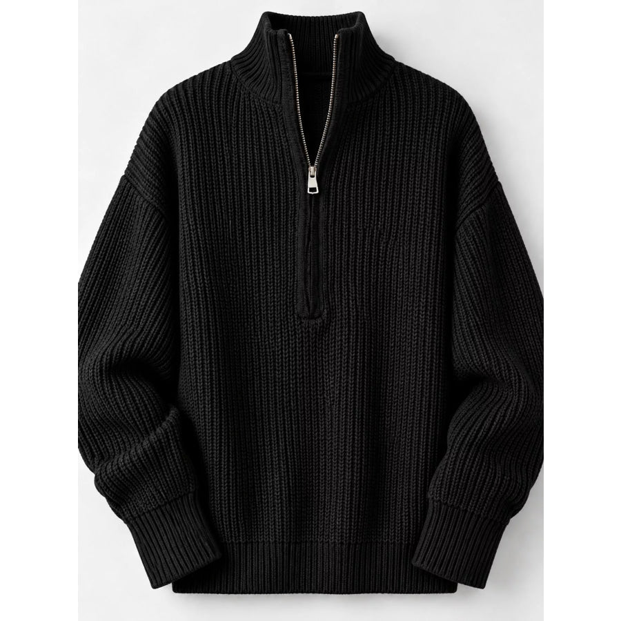 Full Size Half Zip Dropped Shoulder Sweater Plus Apparel and Accessories