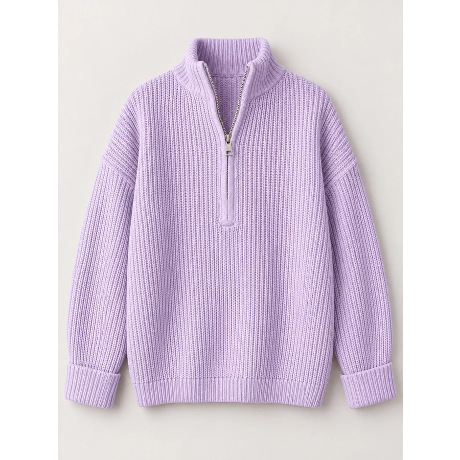 Full Size Half Zip Dropped Shoulder Sweater Plus Apparel and Accessories