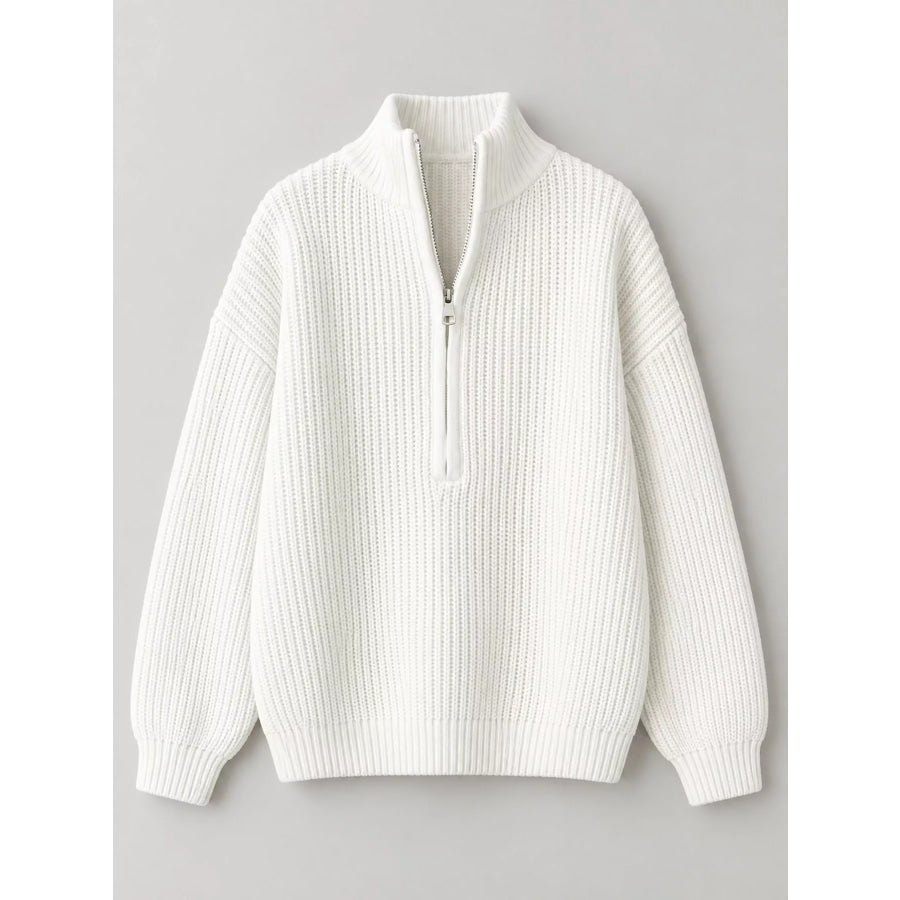 Full Size Half Zip Dropped Shoulder Sweater Plus Apparel and Accessories