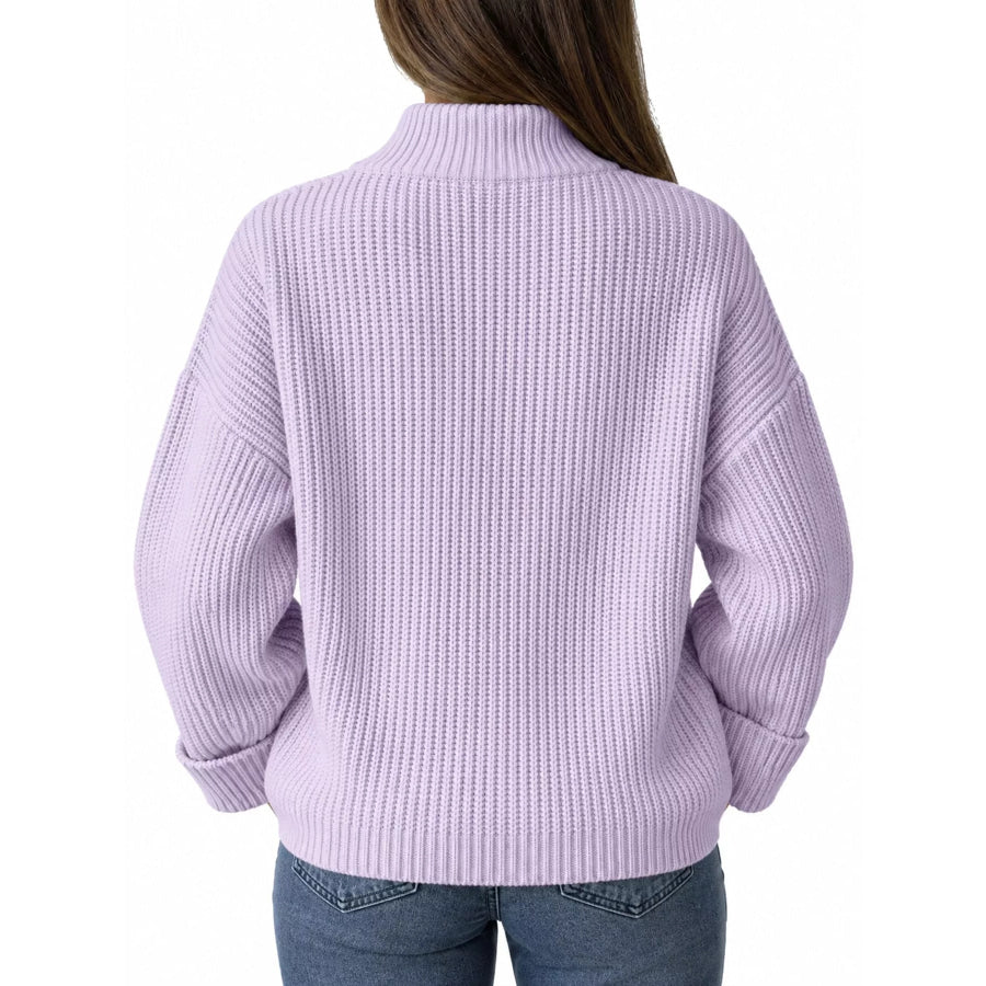 Full Size Half Zip Dropped Shoulder Sweater Plus Apparel and Accessories