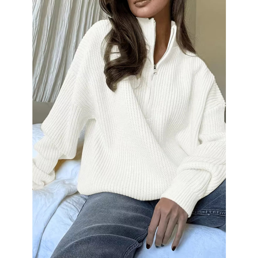Full Size Half Zip Dropped Shoulder Sweater Plus Apparel and Accessories