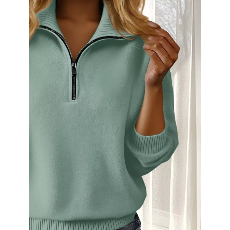 Full Size Half Zip Dropped Shoulder Sweater Plus Size Apparel and Accessories