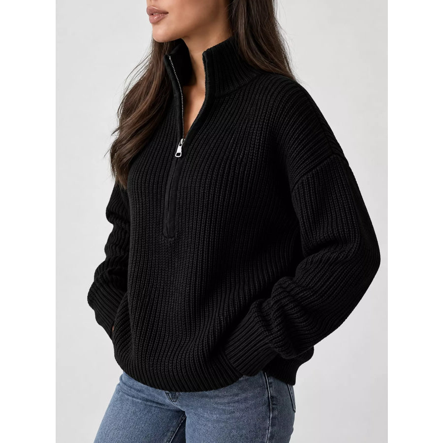 Full Size Half Zip Dropped Shoulder Sweater Plus Apparel and Accessories