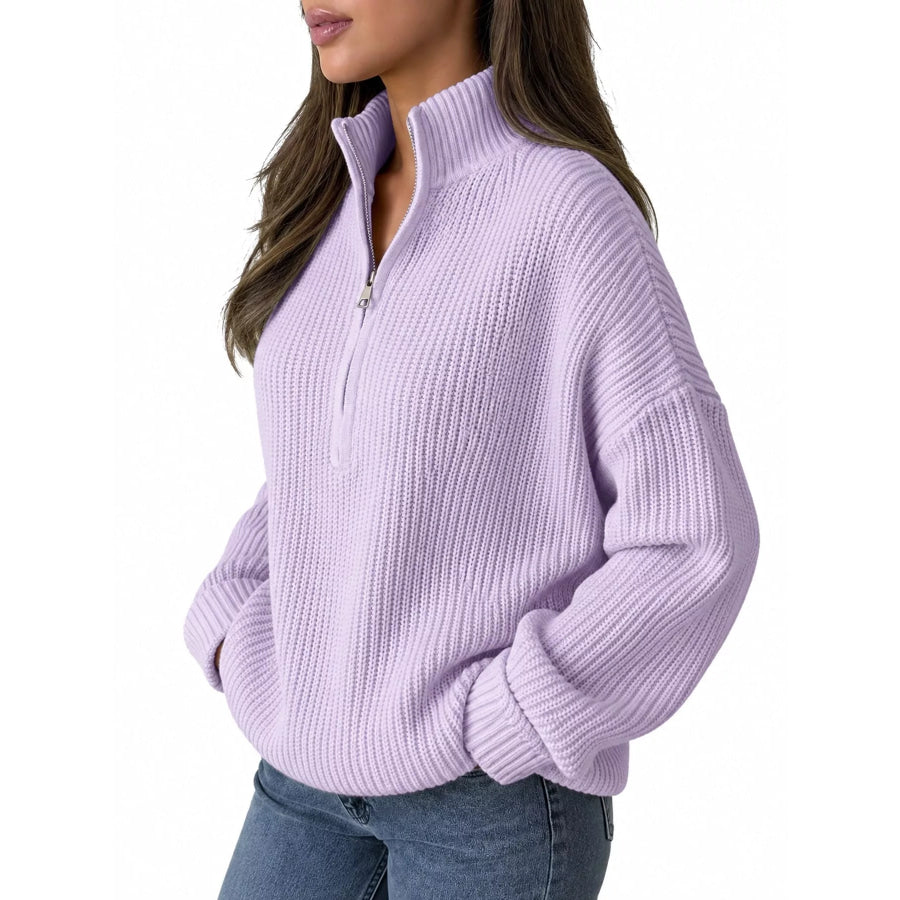 Full Size Half Zip Dropped Shoulder Sweater Plus Apparel and Accessories