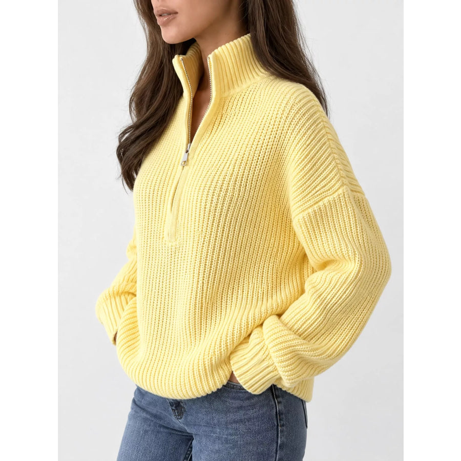 Full Size Half Zip Dropped Shoulder Sweater Plus Apparel and Accessories